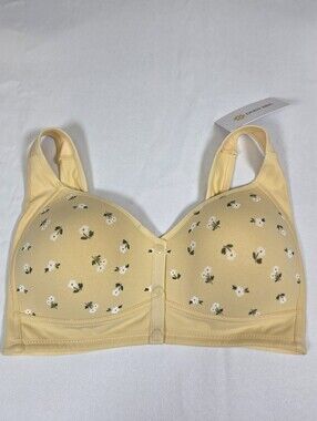 NWT Daisy L Comfort Snap Front Wide Strap Wireless Bra Daisies Yellow Seniors